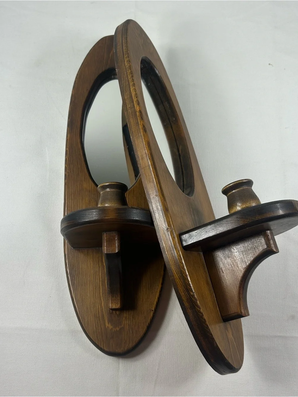 Vintage Wood & Mirrored Wall Candle Sconces Colonial Oval Cottagecore 18” x 5.5”